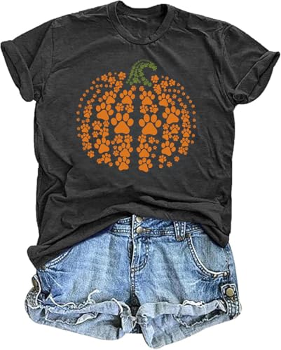 Fall Pumpkin Shirts Women Family Halloween Thanksgiving Tops Cute Autumn Thankful Pumpkin Fall Graphic Tees(Dog Print/Dark Grey,L)