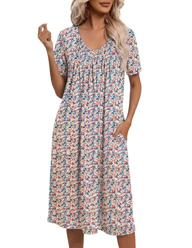 Ekouaer House Dress for Women Pleated Night Gowns Floral Mumu Dresses Nightgown with Pockets Loose Night Dress