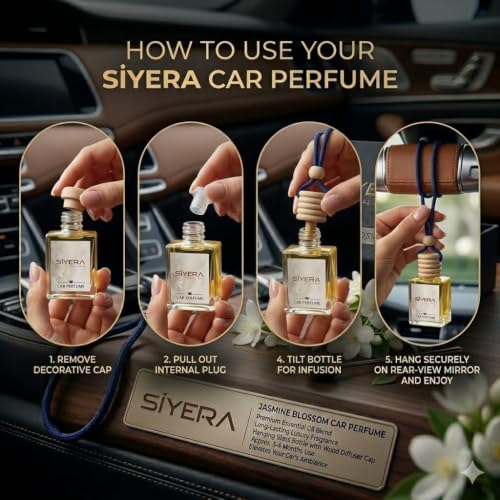 Image of SiYERA Hanging Car Perfume with natural Essential Oils | Car Air Freshener 10ml | Long-Lasting jasmine Aroma upto 45 days | Glass Bottle with Wooden Diffuser Lid