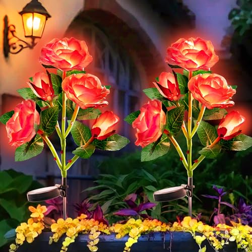 Anordsem Solar Garden Lights Outdoor: 10 Waterproof Fabric Roses - LED Flower Decorations for Yard Patio Path Cemetery Grave - Mother s Day Gift for Her Women Mom Wife 2 Pack Red
