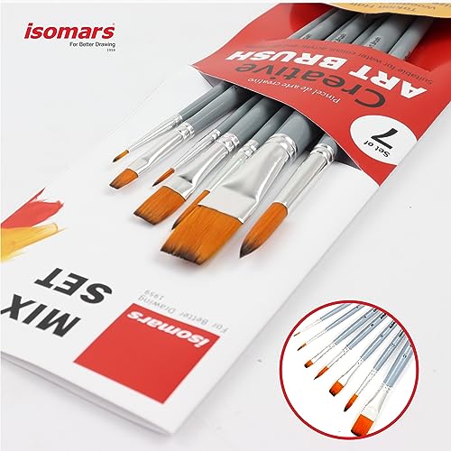 Image of Isomars Creative Paint Brush Set - Round & Flat Mix | Set of 7 Brushes for Acrylic, Watercolor, Oil, Gouache & Craft Painting | Premium Artist Flat Brushes for Canvas, DIY Art & Mixed Media