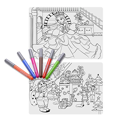 Mombella Reusable Mark-mat Coloring Mat Silicone Placemat,146 Inch, 2 Mats & 6 Marker Pens Value Package,3 Years+, Pretty Girl and Happy Christmas - Advanced