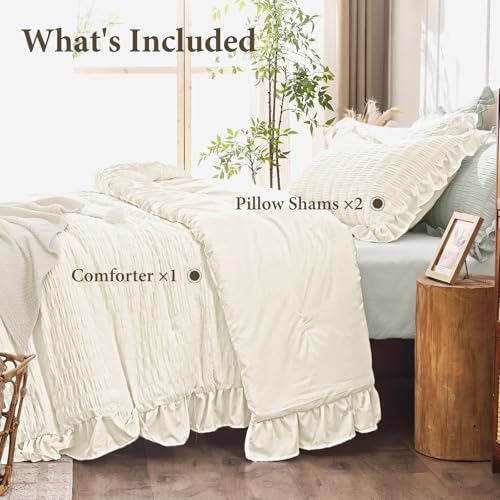 Image of JOLLYVOGUE Ivory King Comforter Set, 3 Pieces Seersucker Comforters King Size, Lightweight & Fluffy Bedding Sets King for All Season with 1 Ruffle Comforter and 2 Ruffle Pillowshams