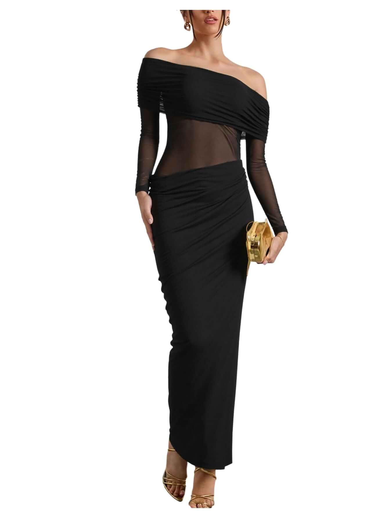 Milumia Women's Off Shoulder Mesh Long Sleeve Party Maxi Dress Ruched Fitted, For Wedding Guest Night Out, Fall Holiday, Sheer See Through Sexy Classy Elegant Clubwear