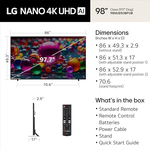 Image of LG 98-Inch Class Nano AI 4K NU85 Series Smart TV w /AI Sound Pro, HDR10, AI 4K Super Upscaling, Filmmaker Mode, Wow Orchestra, Compatible with Alexa (98NU850BPUB, 2026)