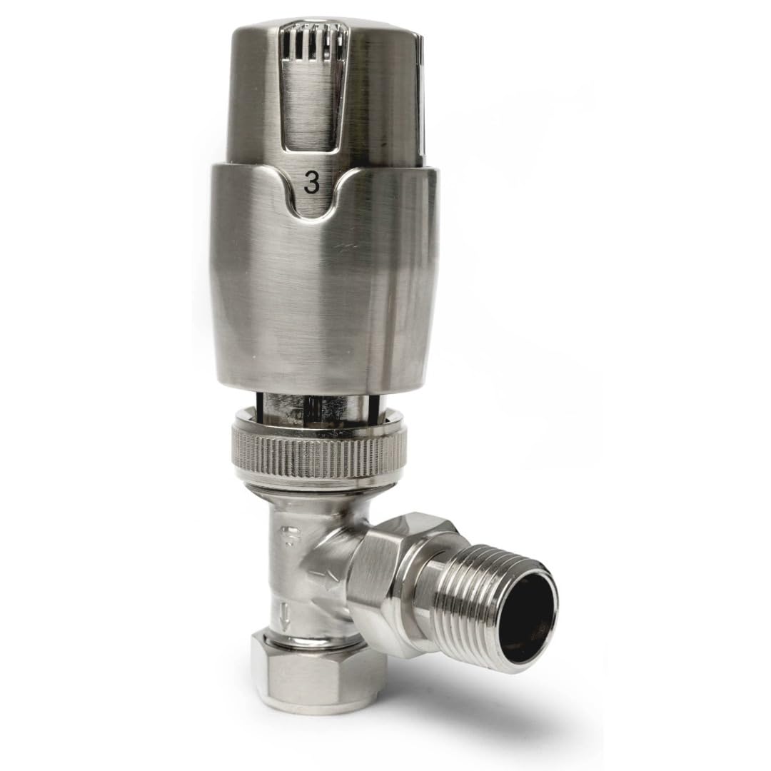Brushed Nickel Angled Thermostatic Radiator Valves TRV Modern Radiator Valves 15mm x 1/2" (Set of 2) for Heated Towel Rails & Central Heating Radiators Brushed Nickel Radiator Valve Set
