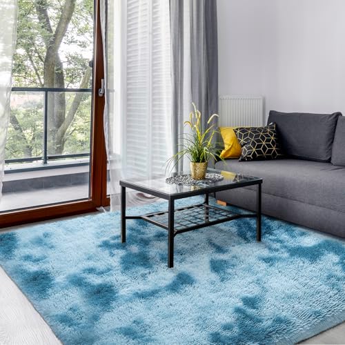 SOANNY Living Room Area Rug, Soft Fluffy Tie-Dyed Shag Carpet for Bedroom, Dorm, Kids Room, Lounge, Washable Non-Slip Throw for Home Decor, Dark Blue, 120x180 cm