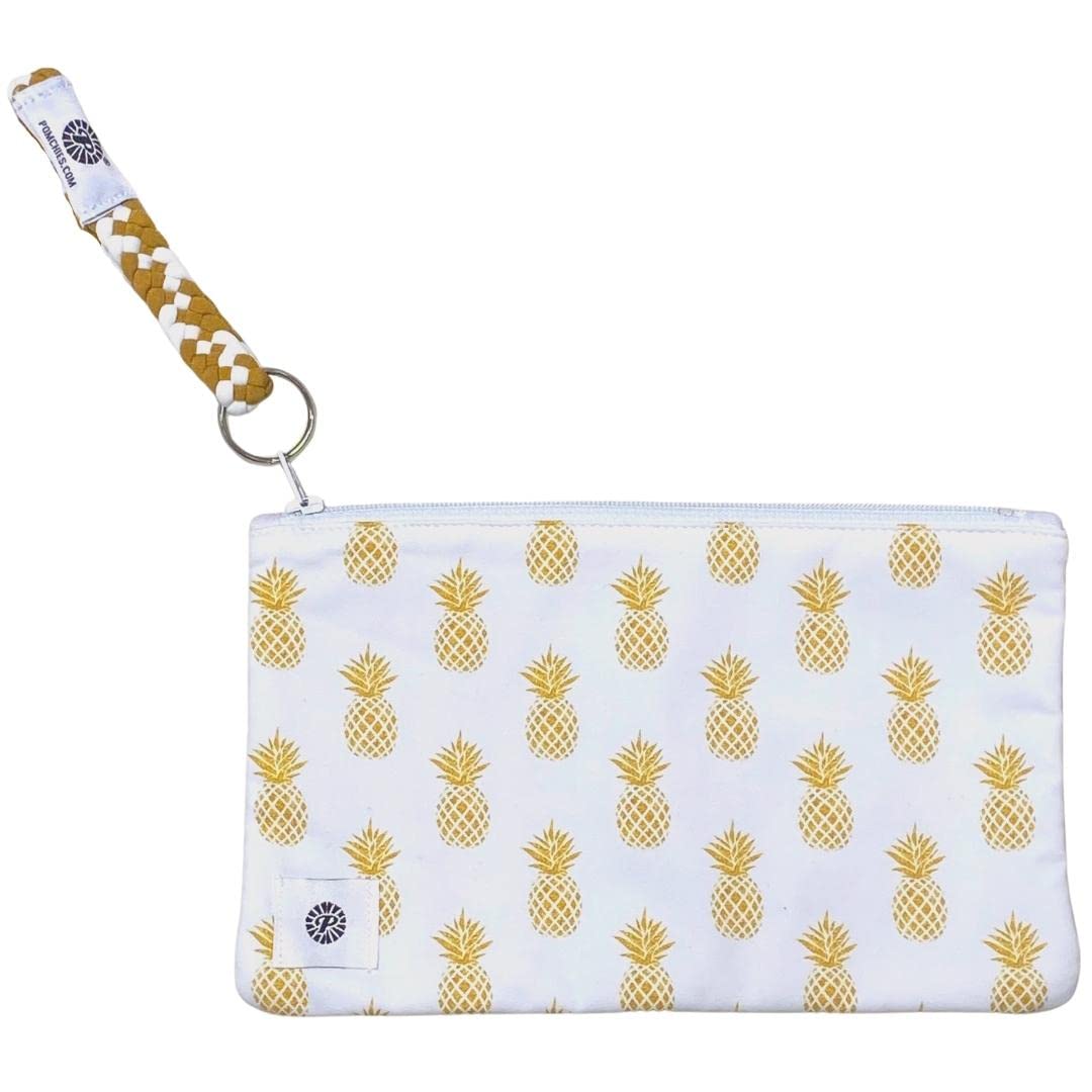 PomchiesStylish Toiletry Bags for Traveling - Small Makeup Bags for Women - Water Resistant Pom Makeup Pouch Bags Travel Organizer for Accessories - Cosmetic Bags, Gold/White, Zips Closed