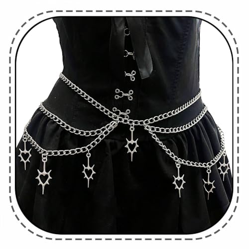 Wloisc Thorn Heart Waist Chain Belt - Punk Gothic Crossover Spike Body Belly Chains Tassel for Women Girl (Silver) (Thron Heart)