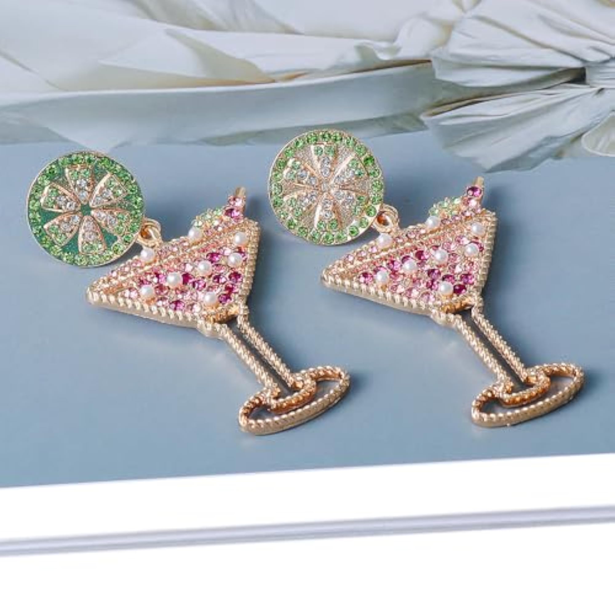 Women's Pink Rhinestone Cocktail Glass Drop Earrings, Dangle Style