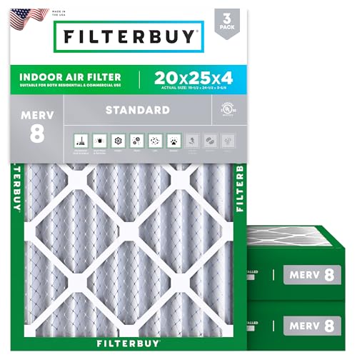 Filterbuy 20x25x4 Air Filter MERV 8 Dust Defense (3-Pack), Pleated HVAC AC Furnace Air Filters Replacement (Actual Size: 19.50 x 24.50 x 3.63 Inches)