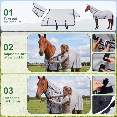 Image of Horse Summer Sheet Breathable Mesh Blanket with Neck, Size 76 Light Gray | Full Neck Coverage, Adjustable Chest Belly and Leg Straps, Lightweight Sun Cover for Pasture Stable Turnout and Travel