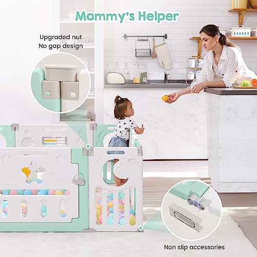 Baby Playpen, Dripex Baby Playard for Babies and Toddlers, 14-Panel Foldable Playpen Adjustable Portable Play Area, Indoor/Outdoor Kids Active Center with Game Panel & Safety Gate, Light Green White