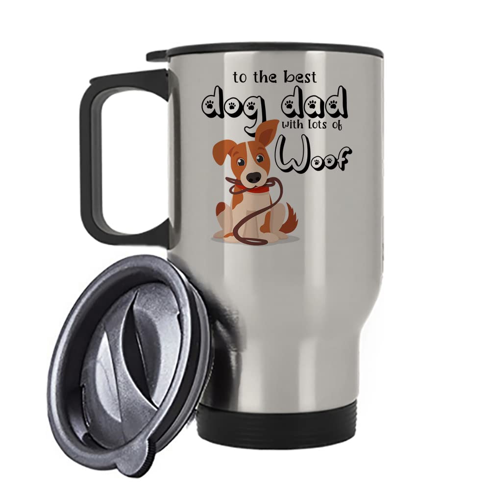 Father's Day Gift, to The Best Dog Dad Gift, Dog Father Gift, Woof Thanks Gift, Dog Gifts for Men,Him, Birthday, Silver/White Insulated 14oz Travel Tea/Coffee Mug. (Silver)