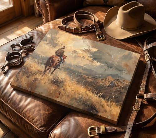 Image of WBNJXNZ Western Cowboy Riding Horse Canvas Wall Art Cowboy Wall Decor Pictures wilderness Landscape Painting Print Vintage Artwork for Living room bedroom country Home decoration 12x16in