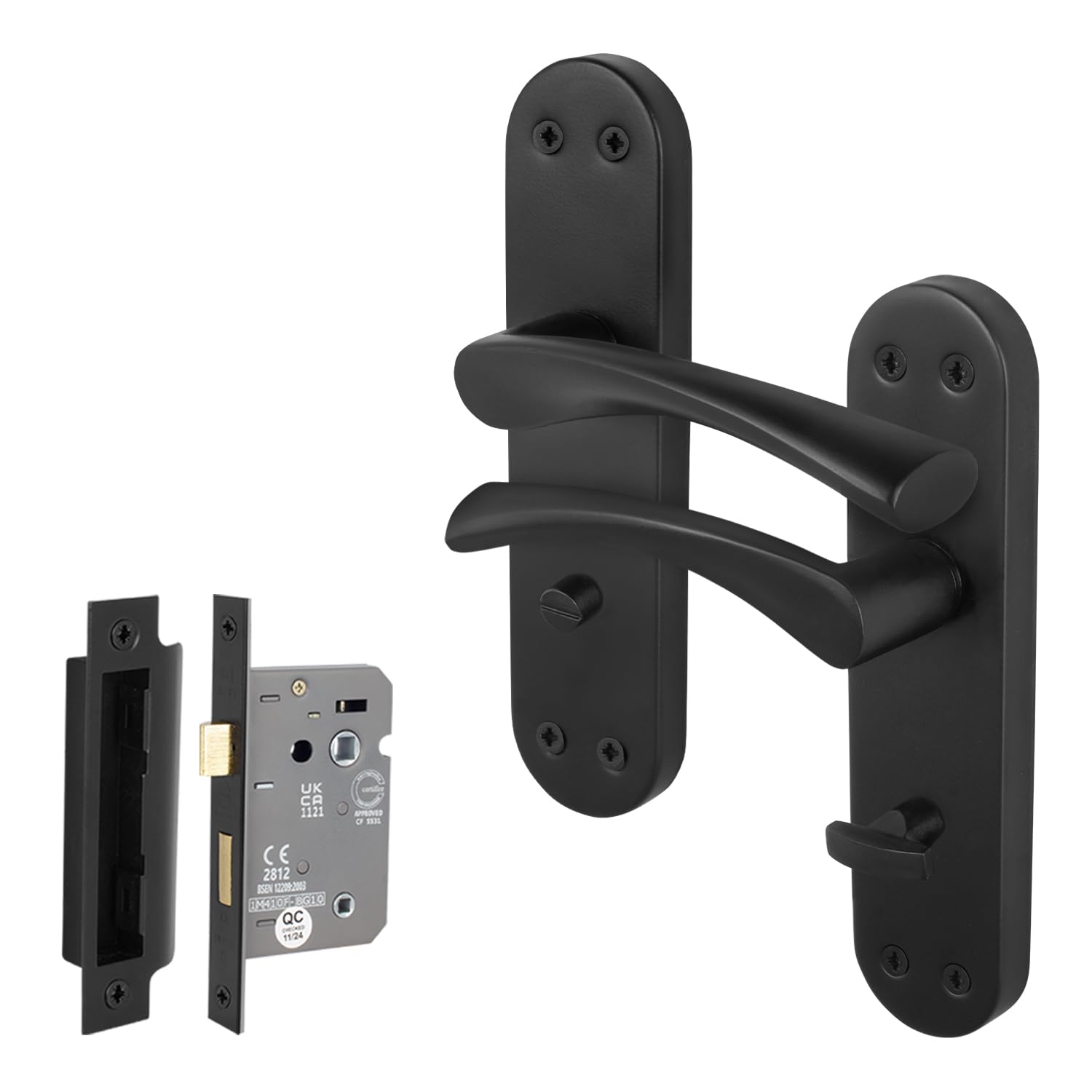 EAI Black Bathroom Door Handle Set, 1 Pair of Matt Black Internal T-Bar Handles on Backplate, Lock 64mm - Novoli