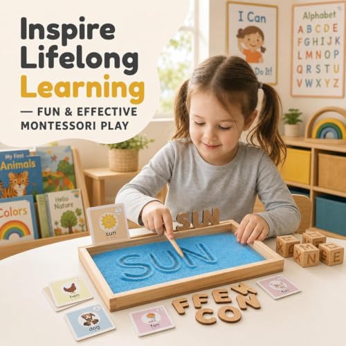 Image of Tantrums Wooden Alphabet Montessori Educational Toy | Sensory Play & Learn Kit | CVC Flash Cards, Movable Letters, Writing Tray | Early Literacy | Ages 3+ (Blue)