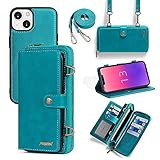 Misscase Compatible with iPhone 13 Wallet Case 2021,Multi-Function Wallet Case,2 in 1 Detachable Magnetic Wallet Case with Card Holder,PU Leather Flip Cover with Lanyard,13 Card Slots Blue