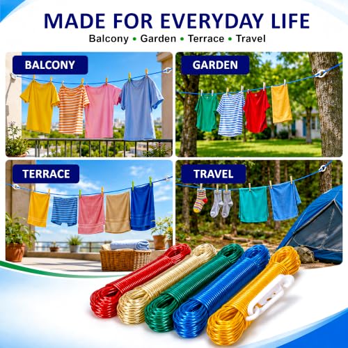 Image of SWAPKART 20M PVC Coated Steel Wire Rope for Drying Clothes, Plastic Hooks Clothesline Rope Heavy-Duty, Strong Rope for Clothes Hanging and Drying at Home, Balcony & Outdoor(Pack of 1,Multicolor)