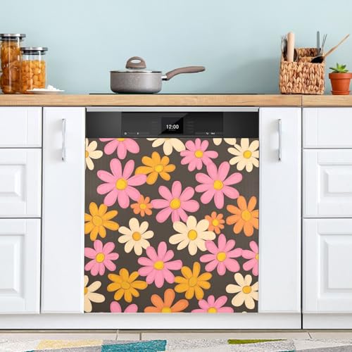 Cubierta magnética para lavavajillas, 58,42 x 66,04 cm, cubierta magnética para puerta de lavavajillas, panel decorativo para armario de cocina, nevera, lavadora, margaritas coloridas