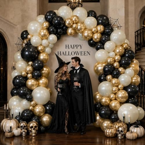 Image of Black White Gold Balloon Garland Double Stuffed, Pearl Sand Champagne Gold Balloons Cream Beige Balloon Arch Kit for Halloween Birthday Wedding Anniversary Graduation New Year Party Decorations