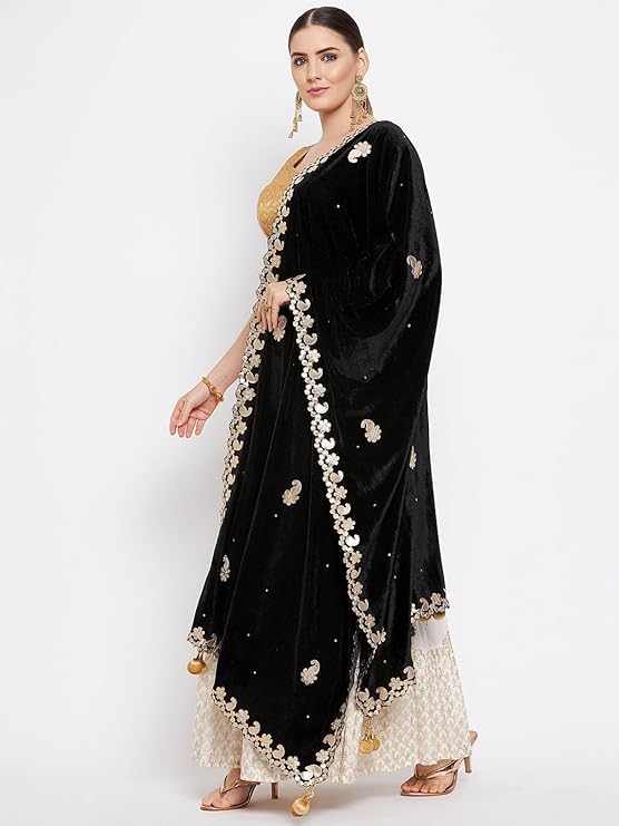 Women's Velvet Dupatta with Gold-Toned Gotta Patti Work, Scarf, Stole, Shawl2