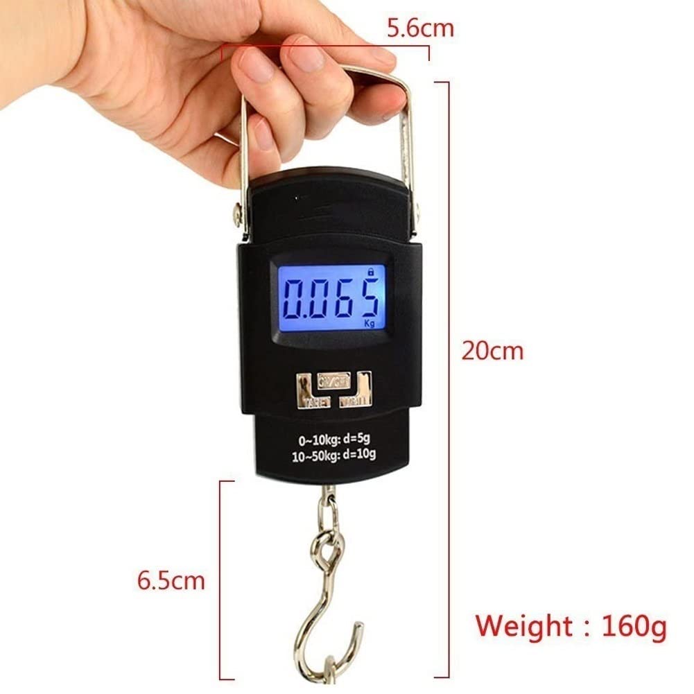 Bilancia Digitale Portatile Per Bagagli WGS Gancio Appendi Valigia 50kg LCD Nera