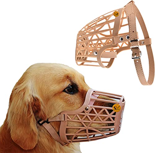 Image of Sage Square Adjustable Strap Muzzle, Mouth Cover, Basket Cage, Pet Safety Collar for Anti Biting Dog. (Beige, Small)