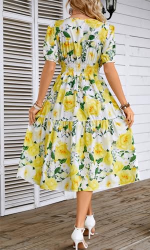 Image of Kormei Women Summer Casual Boho Floral Round Neck Short Sleeve Smocked Waist Tiered Flowy Swing Midi Dress
