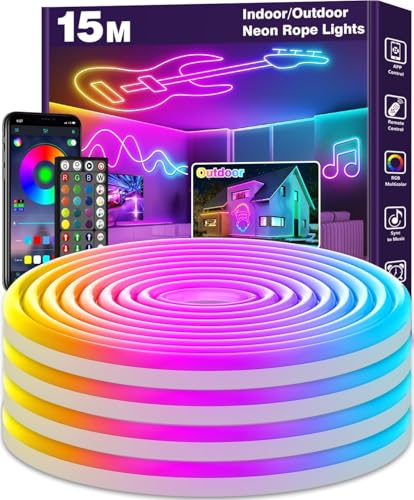 LETIANPAI Bande LED néon de 15 m, flexible, contrôle avec application/télécommande, plusieurs modes, étanche, synchronisation musicale, pour chambre à...