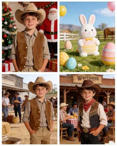 Image of Retro Boys Western Cowboy Vest for Kids Leather Suede Waistcoat | vintage dress vests, welt pockets, v-neck, adjustable waist, formal slim fit, wedding outfit, farm christmas birthday prom