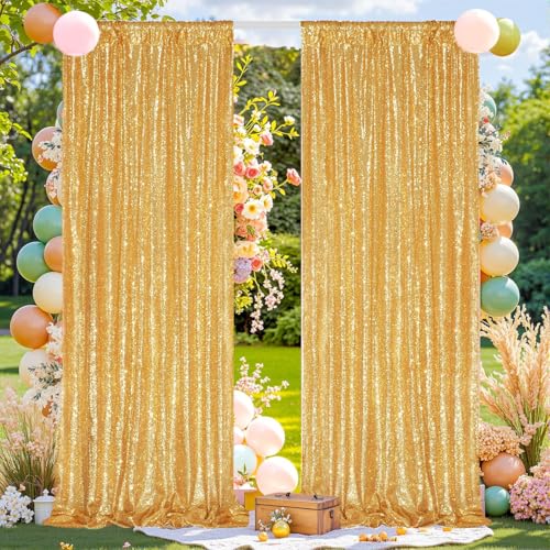 Fyledaee Gold Sequin Backdrop Curtains 2Panels 2x8ft for Party Photo Decor