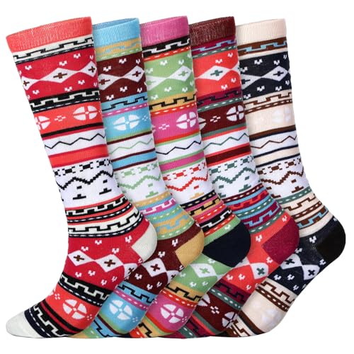 5 Pairs Christmas Knee High Socks for Women Winter Nordic Vintage Stockings Xmas Casual Warm Thick Socks Gift