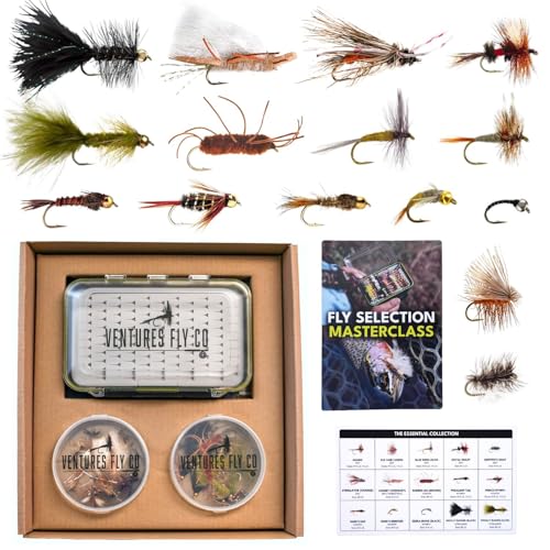 Ventures Fly Co. | 40 Premium Hand Tied Fly Fishing Flies Assortment | Fly Box Included | Dry, Wet, Nymphs, Streamers, Wooly Buggers, Terrestrials | Trout, Bass Lure Set, Kit
