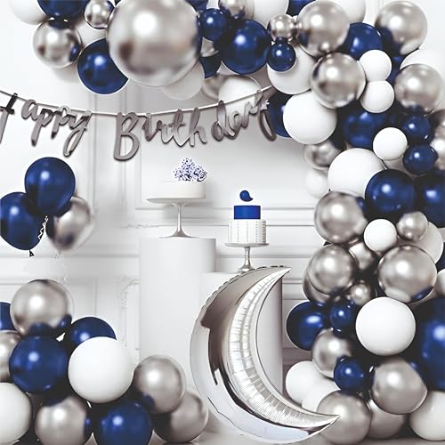 Image of Balloon Decoration Kit - 46 PCS White, Blue & Silver Balloons with Moon Foil Balloon for Birthday, Weddings, Anniversary & Events Garland Set | Birthday Decoration Items for Kids & Adults