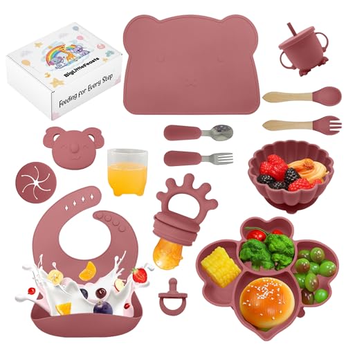Image of BigLittleFeasts Silicone Baby Feeding Set - 14pcs, Baby Plates, Bowls, Utensils, Suction Plates for Baby & Toddler (Dark Pink)