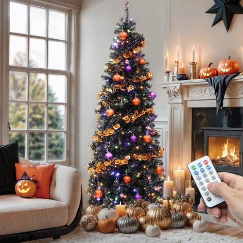 YITAHOME Pre-Lit Black Pencil Halloween Christmas Tree 6ft w/Remote, Black Slim Artificial Christmas...