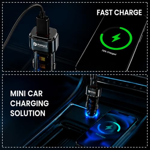 Image of PVMAX 130W Car Charger, Type-C PD 30W & USB 100W Dual Port Fast Charging, QC Certified, Car Mobile Charger Adapter for All iPhone, Android Smartphones & Laptop, 1 Year Warranty (Transparent)