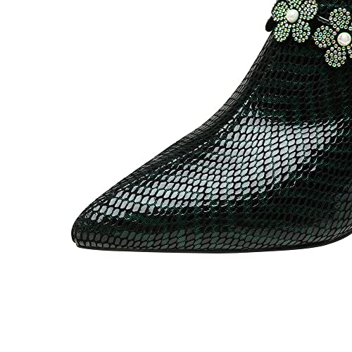 TinaCus Printting Genuine Leather Women's Pointed Toe Handmade Flower Décor Side Zip Up Unique Mid Chunky Heels3