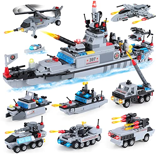 886 Pieces City Police Building Kit, 8-in-1 Military Battleship Building Toy with Army Vehicles, Helicopter, Airplane, Tank, Best Learning and Roleplay Construction STEM Toy for Boys Girls Ages 6+