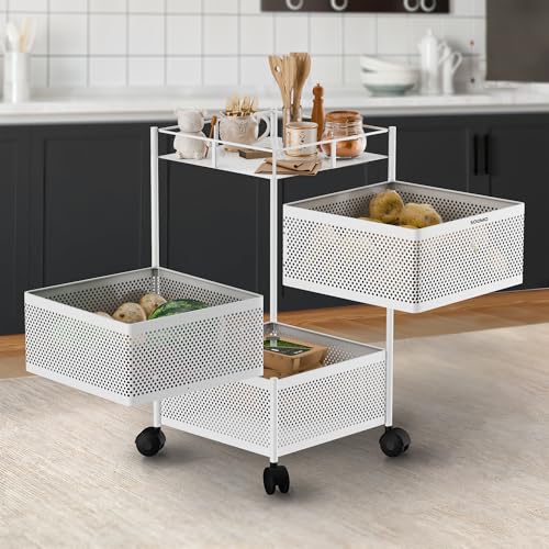 Amazon Brand - Solimo 360° Revolving Preassembled Portable 3 Layer Square Multipurpose Storage Kitchen Rack Carbon Steel Fruit Vegetable & Spice Troll