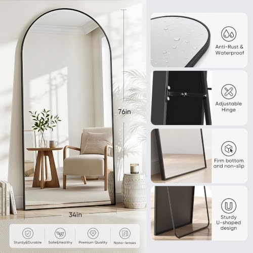 Image of Full Length Mirror, 76 inchx34 inch Arched Floor Mirror Freestanding, Floor Standing Full Body Mirror with Stand for Bedroom, Hanging Mounted for Living Room Cloakroom, Black