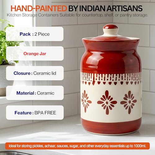 Image of Orange Jhalar Ceramic Handglazed Pickle Jars Set of 2-1000 ML Each | 1 kg Achaar Martban Barni Jar with Lid | Ceramic Storage Jar Container Pickle /Achar, Chatney