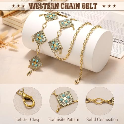 Image of WHIPPY Western Metal Concho Belt for Women Vintage Cowgirl Boho Turquoise Chain Belts for Dresses Jeans
