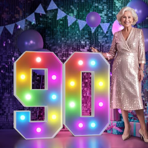 Image of Imprsv Colorful 3FT Marquee Numbers Light up Numbers 90 Birthday Decoration | RGB with Remote, Party Decorations Anniversary Wedding Decorations Assembly Required Foam Board 39 Pcs Accessory Set