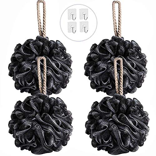 Loofah Bath Sponge, weijie Shower Bath Sponge Shower Loofahs Balls XL 75g/PCS Body Wash Bathroom Mesh Pouf Scrubber Men Women- Set of 4 Black