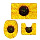 HUGS IDEA Sunflower Pattern 3 Piece Non-Slip Bathroom Rug Set Bath Mat + Contour Rug + Toilet Lid Co