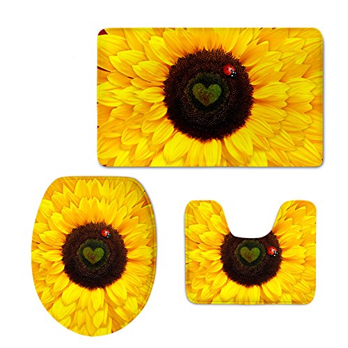 Coloranimal 3-teiliges Badezimmerteppich-Set, gelbe Sonnenblumen-WC-Boden-Konturmatte, WC-Deckelbezug, Tank-Top-Abdeckungen