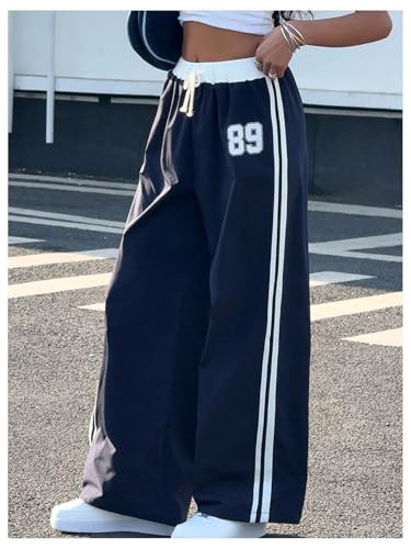 SHENHE Girl's Baggy Side Striped Y2k Track Pants Wide Leg Drawstring Athletic Hip Hop Trousers3