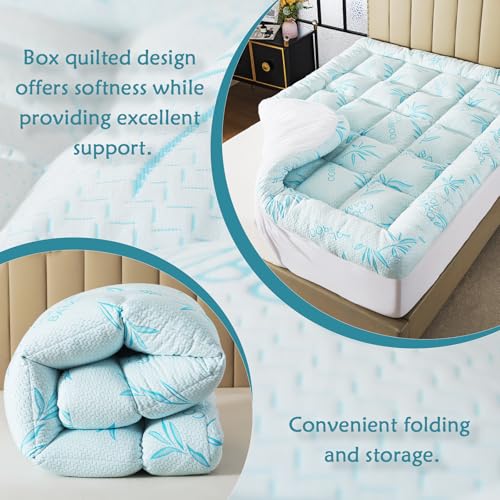 Image of WhatsBedding 5 Inch Full Mattress Topper Breathable Bamboo Viscose Air Layer,Memory Foam Mattress Topper Full Size Blue.